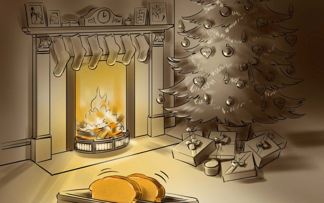 Applidyne's 2026 Christmas card with the Christmas tree, a fireplace, and an Eye Q toaster. The green sensor is present on the toaster in the bottom left corner and can also be seen in the Christmas tree in the top right corner.